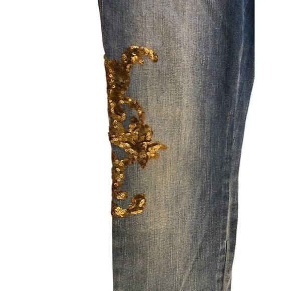 Chicos Platinum Jegging 0.5 Size 6 Gold Leaf Sequin Embellished Stretch Denim - Picture 8 of 12